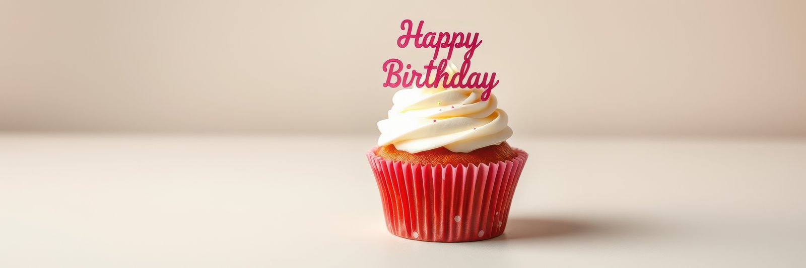 Delicious red velvet cupcake topped with cream and a Happy Birthday decoration for a festive celebration